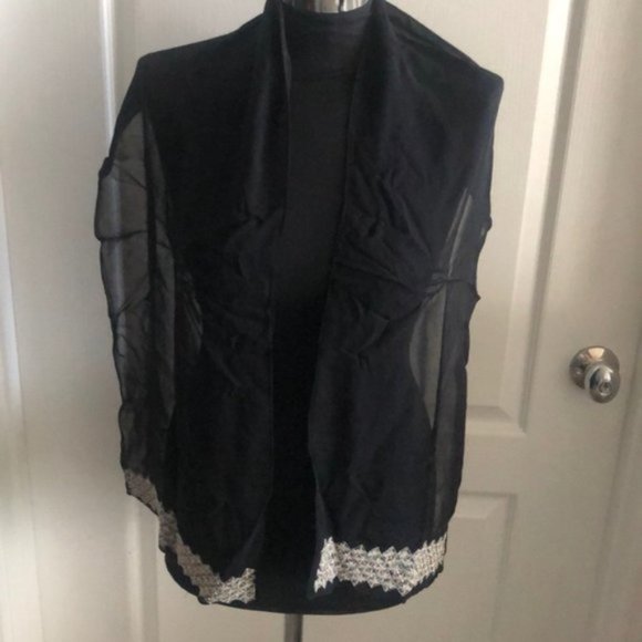 Scarf Black Sheer Wrap Beaded Ends New - Picture 2 of 7